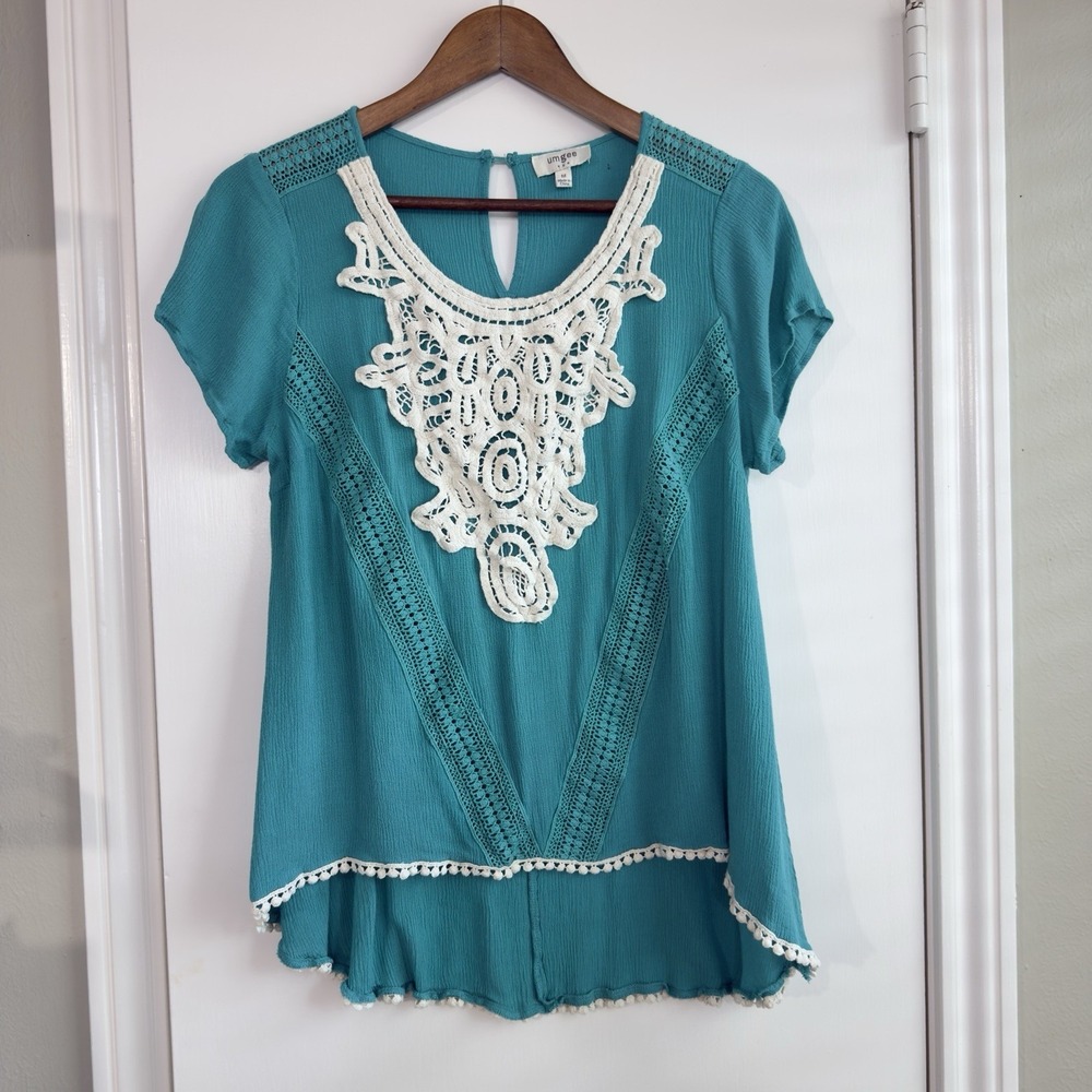 Umgee Tunic Top L Lace Sleeveless Flowy Bohemian Boho Spring Chic Top Pom Pom